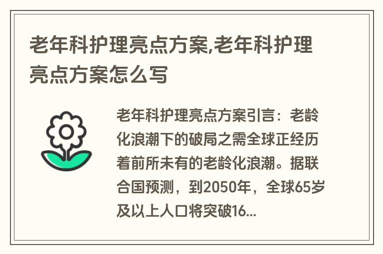 老年科护理亮点方案,老年科护理亮点方案怎么写