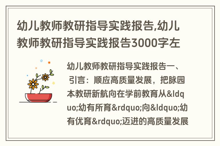 幼儿教师教研指导实践报告,幼儿教师教研指导实践报告3000字左右